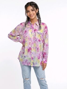 Bar III Floral Watercolor-Print Long Sleeve Button Down Sheer Blouse Size M